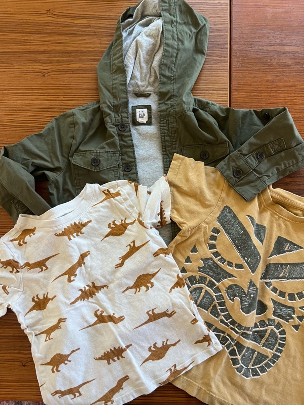 GAP Kids Olive Hooded Jacket with Tan and White Dinosaur Tees